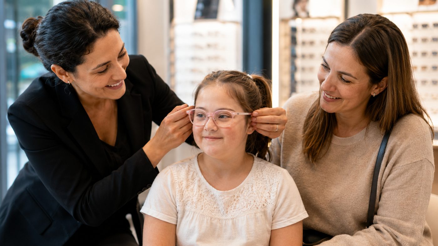 Une famille accueillie en magasin d'optique, dont un enfant équipé de lunettes