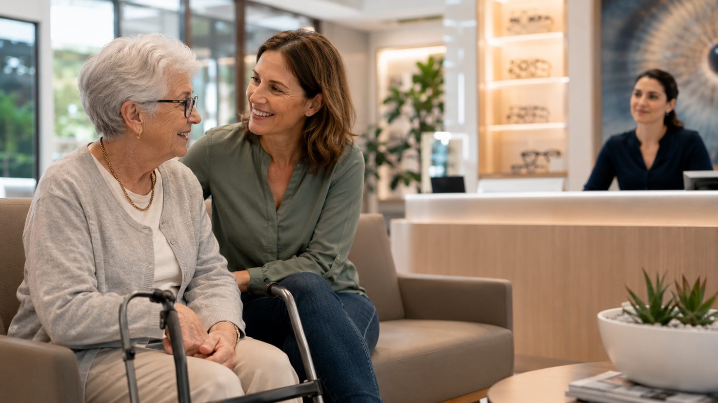 Une cliente accueillie avec attention dans un magasin d'optique