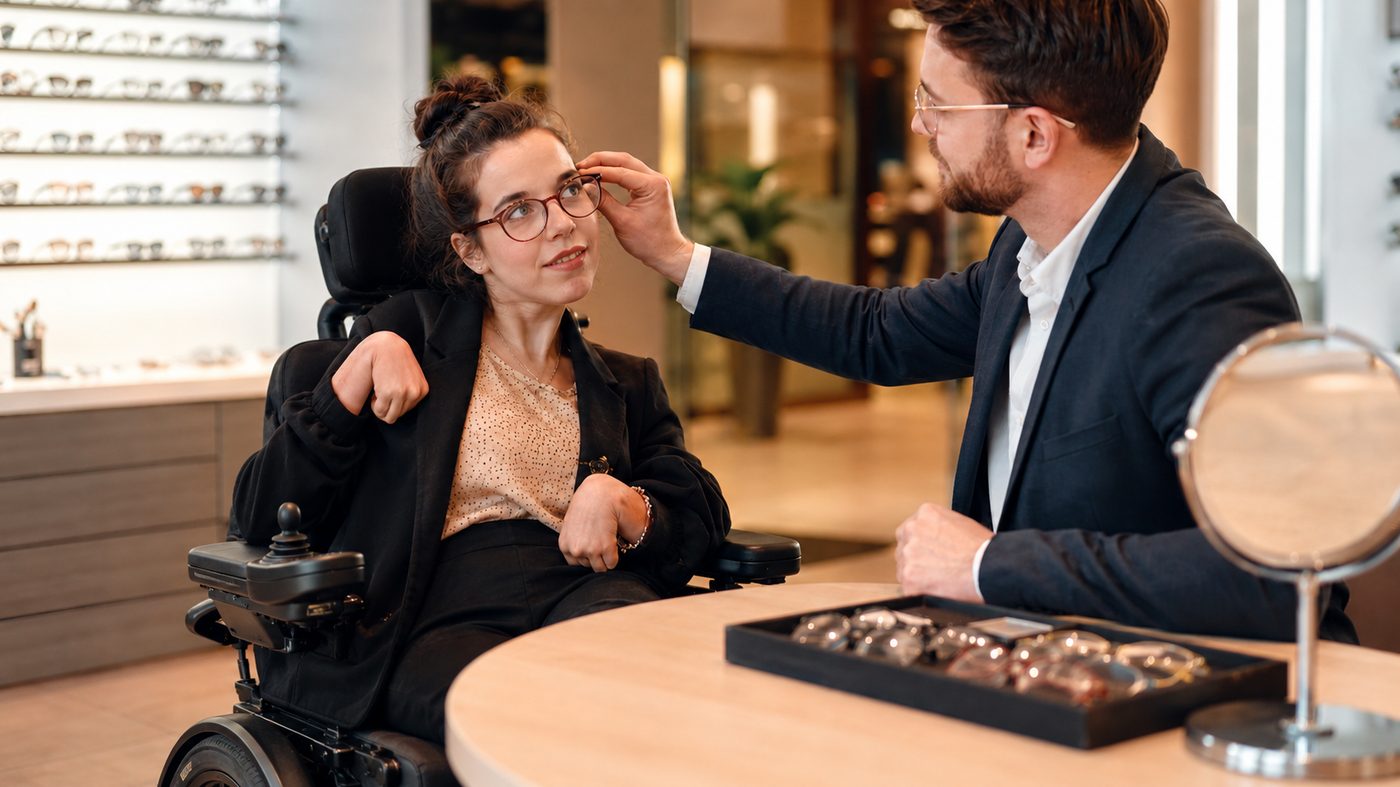 Un opticien conseillant un client lors d'un essayage de montures
